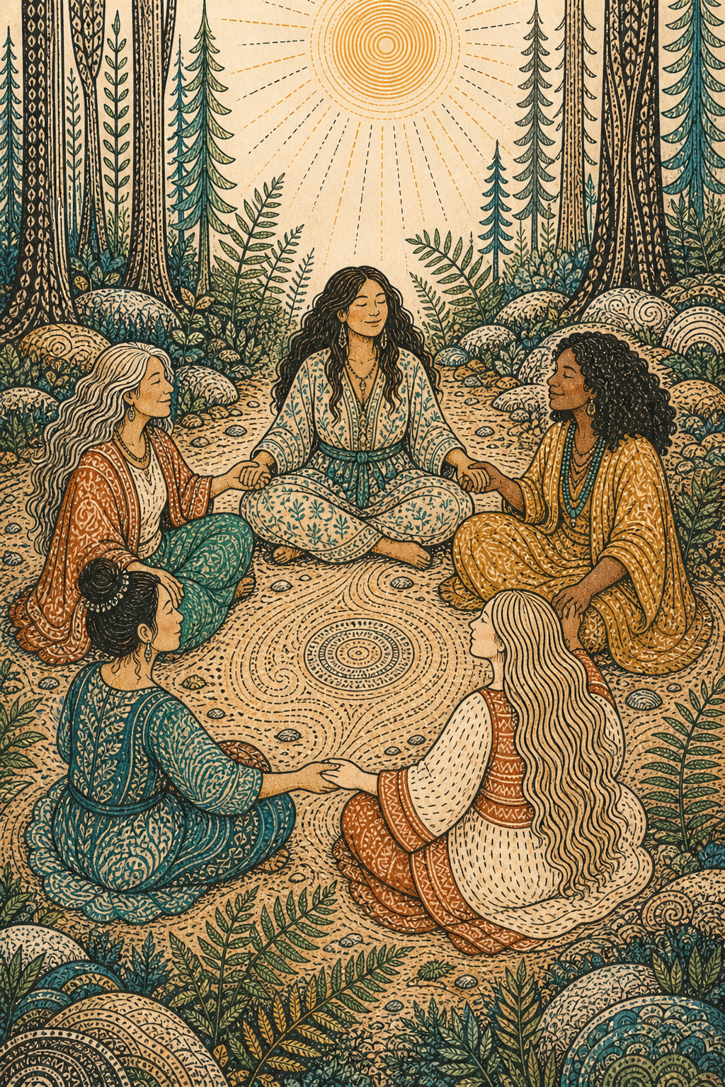 Five women sitting together in a sunlit forest circle
