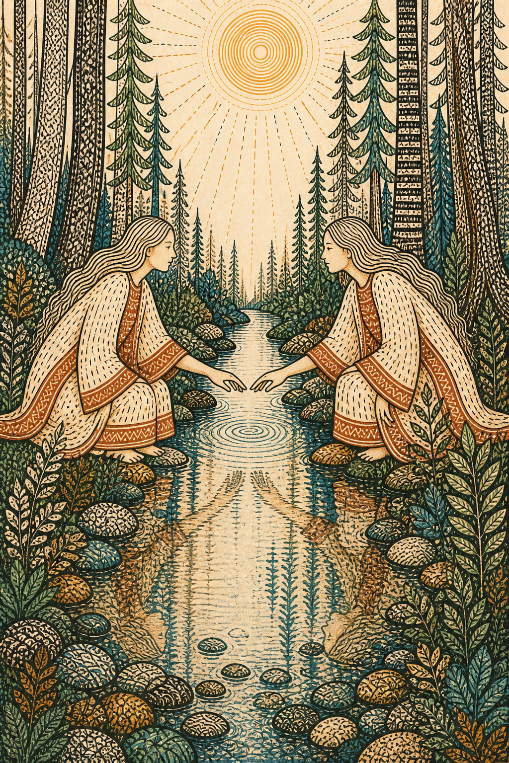 A woman reaching toward her mirrored self across a quiet forest stream