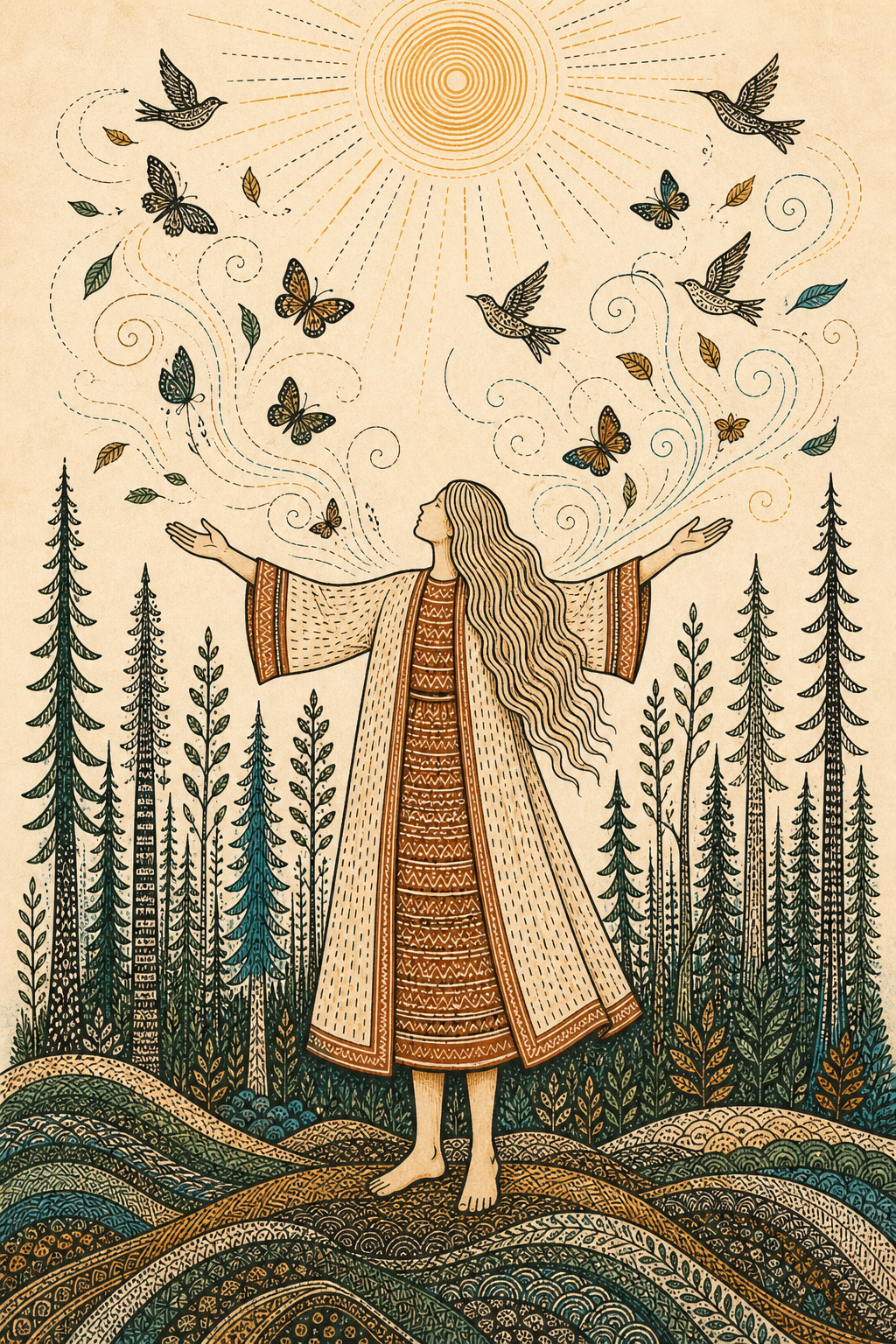 A woman opening her arms as birds and butterflies fly freely around her