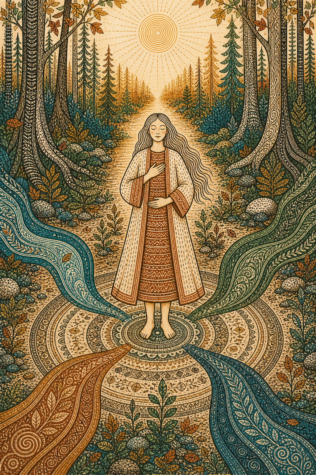 A woman standing centered as four flowing paths meet beneath her feet and a sunlit forest path opens ahead