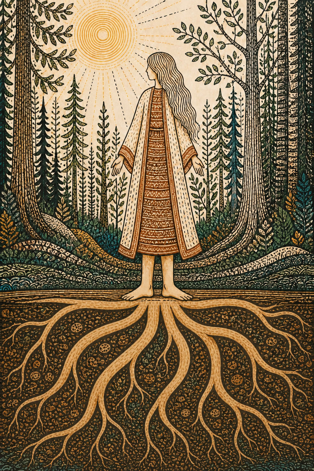 A woman standing firmly as broad roots grow beneath her feet